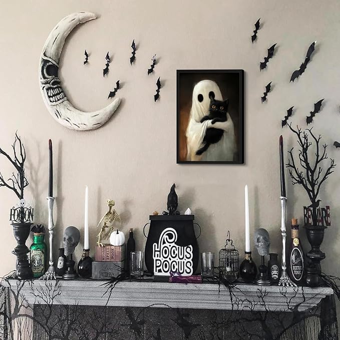 Framed Vintage Halloween Ghost Wall Art, Cute Ghost Hugging Black Cat Canvas Print, Cozy Dark Academia Gothic Halloween Decor for Living Room Bedroom, 12x16in Wood Frame