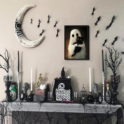 Framed Vintage Halloween Ghost Wall Art, Cute Ghost Hugging Black Cat Canvas Print, Cozy Dark Academia Gothic Halloween Decor for Living Room Bedroom, 12x16in Wood Frame