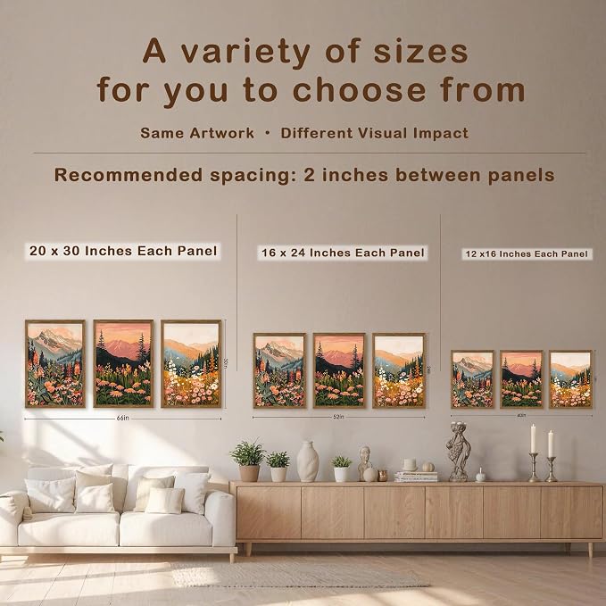WRFON Botanical and Flower Canvas Wall Art, Framed Mountain Landscape Wall Art Set of 3, Wildflower Meadow Canvas Print, Rustic Nature Decor for Living Room Bedroom Cabin Lodge Farmhouse Decor, 12x16