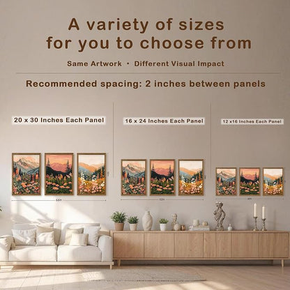 WRFON Botanical and Flower Canvas Wall Art, Framed Mountain Landscape Wall Art Set of 3, Wildflower Meadow Canvas Print, Rustic Nature Decor for Living Room Bedroom Cabin Lodge Farmhouse Decor, 20x30