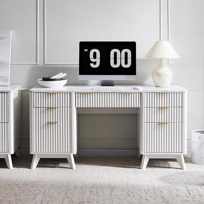 T4TREAM Fluted Executive Desk with Drawers, 60" Modern Home Office Computer Desk with Charging Station, File Cabinet, Keyboard Tray and Storage Cabinet for Study, Living Room, Bedroom, Solid White