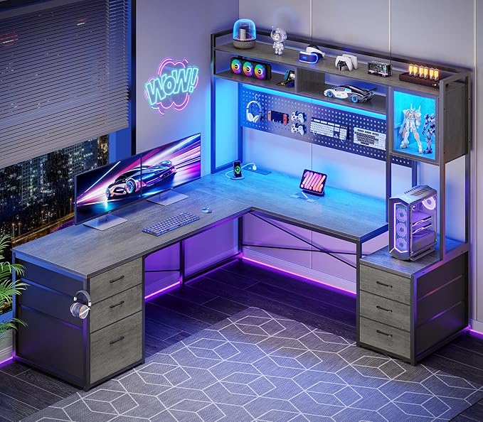SEDETA L Shaped Gaming Desk with Drawers, Reversible Computer Corner Desk with File Drawer, Hutch, Storage Shelves for Home Office, Gaming Two Person Desk with Led Lights, Power Outlet, Grey