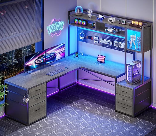 SEDETA L Shaped Gaming Desk with Drawers, Reversible Computer Corner Desk with File Drawer, Hutch, Storage Shelves for Home Office, Gaming Two Person Desk with Led Lights, Power Outlet, Grey