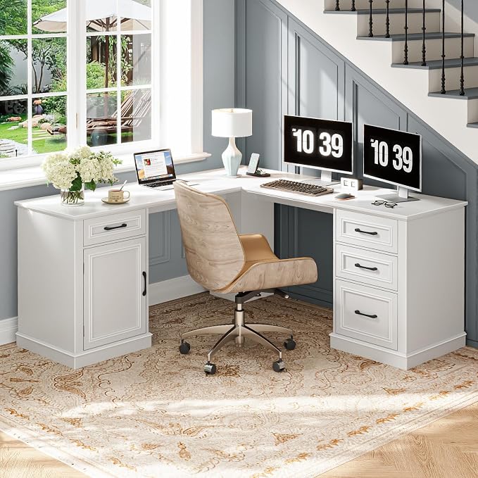 Vabches Farmhouse 59" L-Shaped Executive Desk with Drawers, Wood Home Office Corner Desk with File Drawer, Storage Cabinet, Rustic Computer Writing Desk for Home Office Cream White