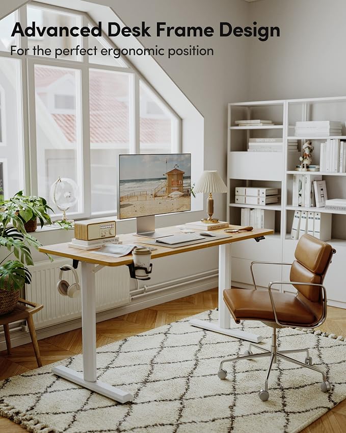 FEZIBO Standing Desk, 44 × 22 Inches Electric Height Adjustable, Sit and Stand Up, Computer Office Desk with Splice Board, White Frame/Light Rustic Top