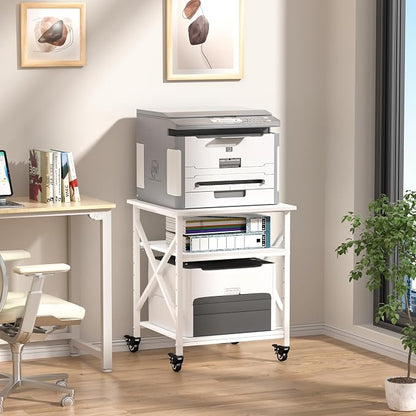 Printer Stand, 23.6 x 23.6 Inches Large Printer Stand with Adjustable Storage Shelf, 3 Tier Printer Table for Home Office, Rolling Printer Cart with Industrial Wheels, Mini Fridge Stand Table, White