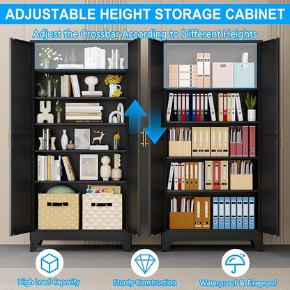 pozdeg 75" Tall Metal Storage Cabinet with 2 Doors & 5 Adjustable Shelves, Widen Steel File Cabinet Multipurpose Organizer for Home Office Garage (Black)