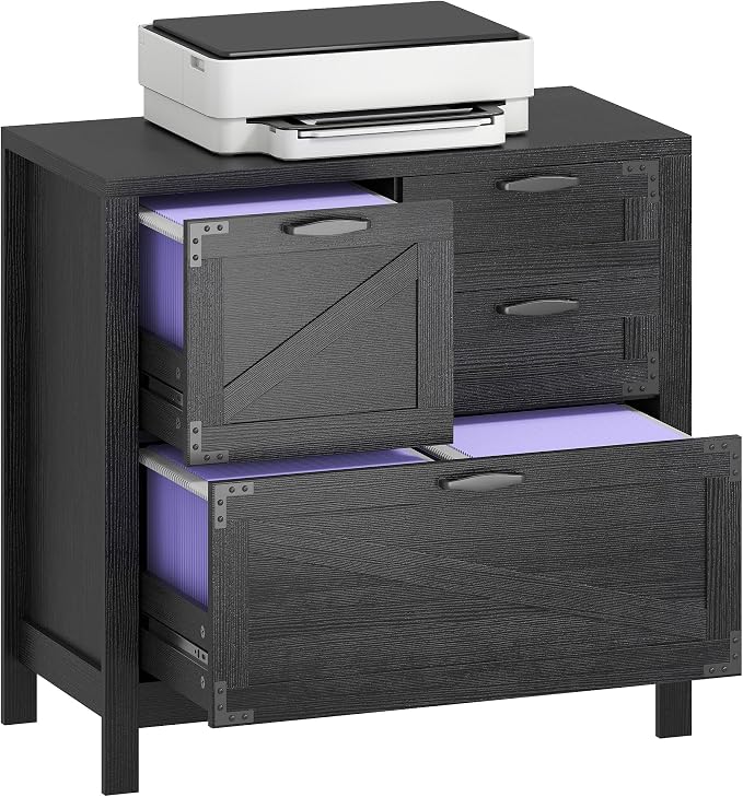 HOMCOM 4 Drawer File Cabinet, Farmhouse Lateral Filing Cabinet with Adjustable Hanging Rails for Letter/A4/Legal Size Files, Printer Stand for Home Office, Black