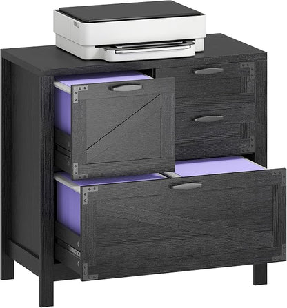 HOMCOM 4 Drawer File Cabinet, Farmhouse Lateral Filing Cabinet with Adjustable Hanging Rails for Letter/A4/Legal Size Files, Printer Stand for Home Office, Black