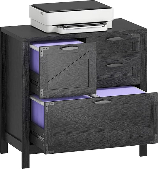 HOMCOM 4 Drawer File Cabinet, Farmhouse Lateral Filing Cabinet with Adjustable Hanging Rails for Letter/A4/Legal Size Files, Printer Stand for Home Office, Black