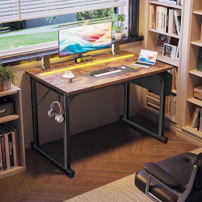 DurayLoly 40" Computer Desk with Waterproof LED Lights,Bedroom Study Desk for Teens,Dorm Room Essentials,Headphone Hook&Storage Bag for Small Spaces,Sturdy Metal Frame,Rustic Brown