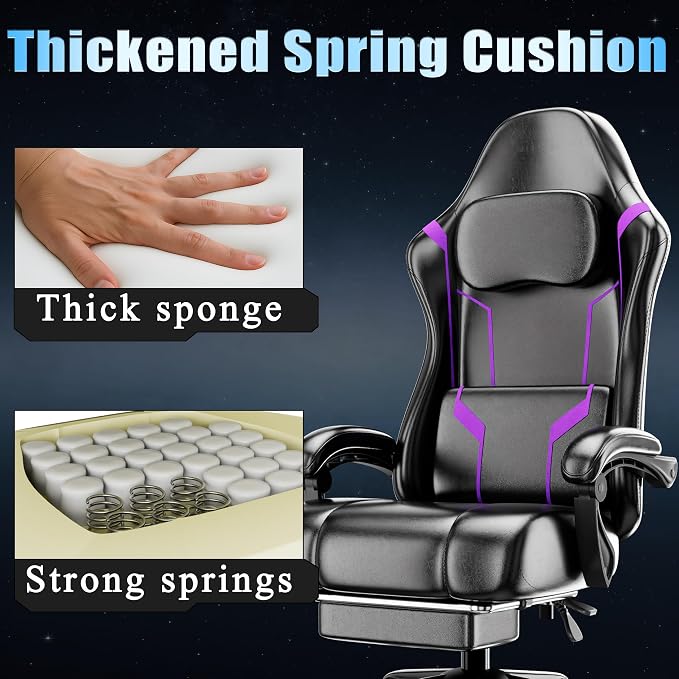 Gaming Chair, Computer Chair with Footrest and Lumbar Support, Ergonomic Video Game Chair with Headrest, Height Adjustable Gamer Chair Office Desk Chair, Purple