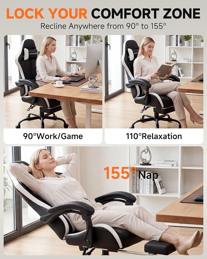 GTPLAYER Gaming Chair, Ergonomic Game Computer Chairs with Foot Rest for Adults, Adjustable PC Game Chair with Reclining Function and Comfortable Headrest for Home and Office Use (White)