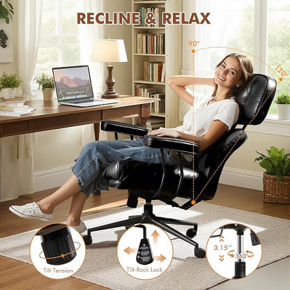 Faux Leather Executive Office Chair - Big and Tall Ergonomic Home Office Chair,Computer Desk Chair with Lumbar Support,Adjustable Task Chair Swivel Rolling PC Chair with Wheels,PU,Black