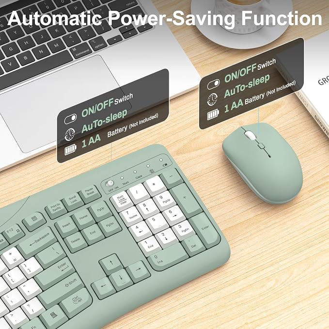 Wireless Keyboard and Mouse Combo, 2.4G Full Size Quiet Ergonomic Curved Keyboard for Natural Typing, 3-Level DPI Adjustable Silent Mouse for Windows, Mac OS, Desktop/Office and Home (Avocado Green-B)