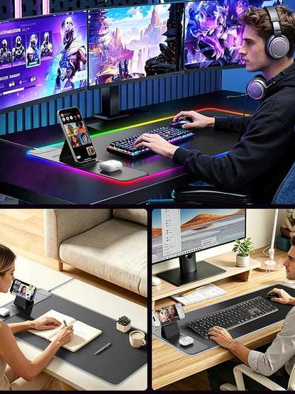 Wireless Charging Mouse Pad with Magnetic Phone Stand, 31.5"x15.8" Large | Gaming Mousepad RGB Desk Mat, Smooth Glide, Stitched Edge, Non-Slip Rubber Base, Waterproof Keyboard Mat, with Adatper