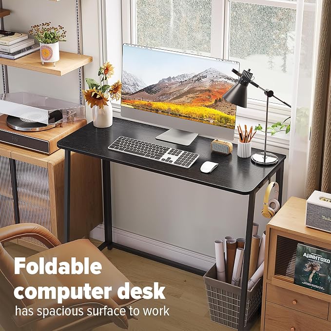WOHOMO Folding Desk, 39.4" Narrow Writing Foldable Desk, Space-Saving Laptop Table, Easy Assemble Workstation for Home Office, Black