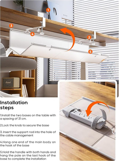 39" No Drill Under Desk Cable Management Tray (White) | Fire-Resistant Thickened Nylon Material, Clip-on Cord Organizer to Hide Power Strip, Heat Dissipation Mesh Design, for Office