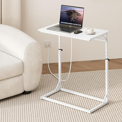Vagusicc C Shaped End Table with Charging Station, C-Table End Table Adjustable Height Side Table for Couch, Large Couch Table, Slide Under Sofa Table TV Tray Arm Table for Living Room, Bedroom, White
