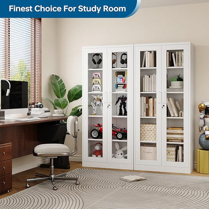 PEUKC Display Cabinet with Glass Doors, 71 Inches Metal Display Case with 4 Adjustable Shelves, Curio Storage Cabinet with Lock for Home, Office, Book, Pantry, Assemble Required (White)
