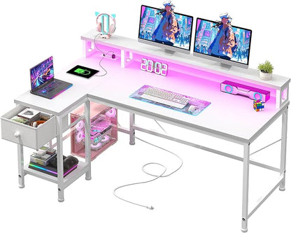 DurayLoly 40" L- Shaped Computer Desk with LED Lights & Power Outlet,Gaming Desk with Monitor Stand for Gamer,Home Office Desk with Drawer for Student Study Room,Bedroom,Small Working Room,White