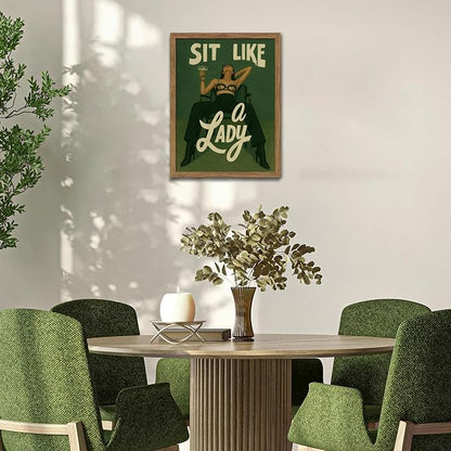 Framed Feminist Wall Art, Vintage Sit Like a Lady Green Wall Decor, Bold Girl Power Feminine Poster Print, Retro Empowering Female Canvas Painting Aesthetic for Bedroom Dorm 8x10 inch