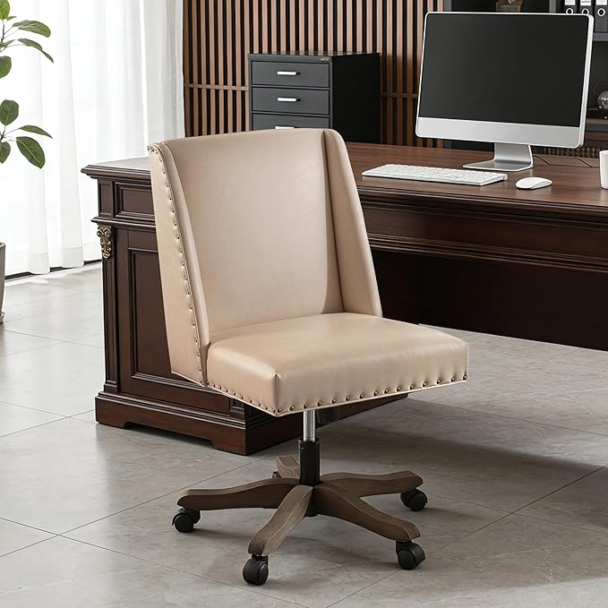 Zihanhome Armless Home Office Chair with Wooden Legs, Modern Leather Upholstered Office Desk Chair No Arms Sewing Chair Adjustable Swivel Desk Chair for Farmhouse Office Study Studio (PU Khaki)