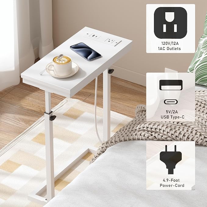 TUTOTAK End Table with Charging Station, Side Table, Tall Couch Table, Sofa Table, Living Room, Bedroom,White TB01BW084