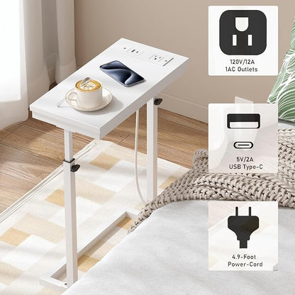 TUTOTAK End Table with Charging Station, Side Table, Tall Couch Table, Sofa Table, Living Room, Bedroom,White TB01BW084
