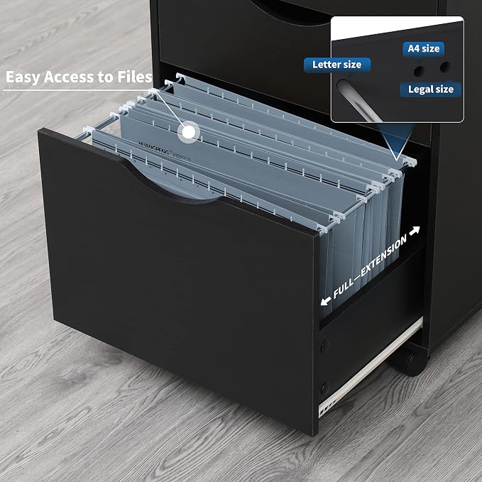 QDSSDECO 3 Drawer Mobile File Cabinet, Rolling Vertical Filing Cabinet fits A4, Legal Paper and Letter Paper for Home Office, Black