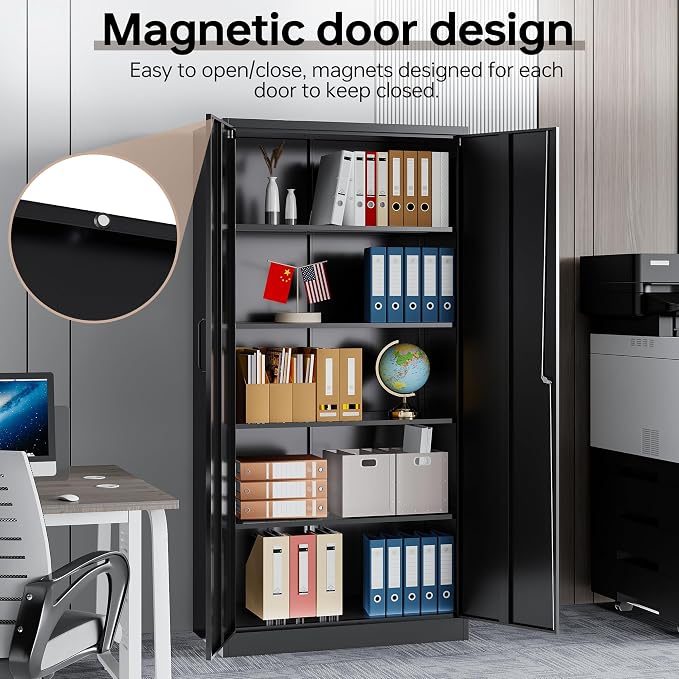 72"H Metal Storage Cabinets, Tall Locking Garage Cabinet with 2 Doors and 5 Adjustable Shelves, Steel Utility Tool Caninet, Black Lockable Outdoor Storage Cabnet for Pantry, Garage, Home Office