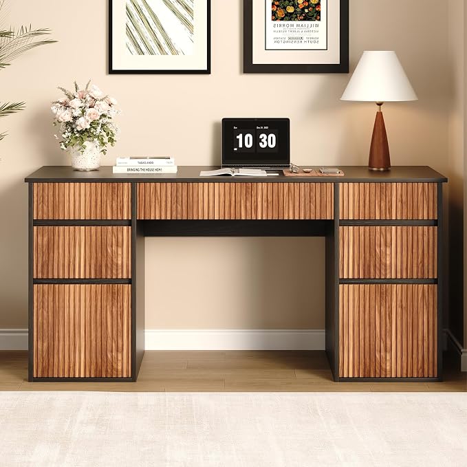 4 EVER WINNER Desk with Drawers, 58" Executive Office Desk with 7 Drawers, Computer Desk with File Drawers for Living Room, Home Office, Study Table for Bedroom, Black