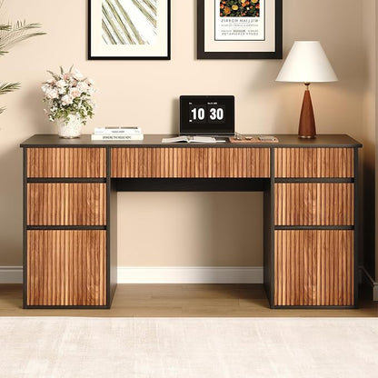4 EVER WINNER Desk with Drawers, 58" Executive Office Desk with 7 Drawers, Computer Desk with File Drawers for Living Room, Home Office, Study Table for Bedroom, Black
