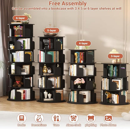 Besiost Rotating Bookshelf Tower, 6 Tier Spinning Bookcase, Revolving 360 Book Shelf Narrow Tall Bookcase, Vertical Turning Round Bookshelf Organizer, Wood Corner Bookshelf for Small Space, Black