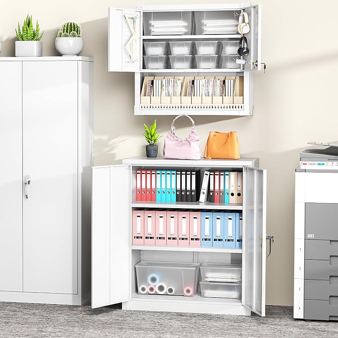 Greenvelly Metal Garage Storage Cabinet, Lockable Metal Cabinets with 2 Doors and Shelves,36”Steel Storage Locking Counter Cabinet for Office,Garage,Kitchen,Home,School(White)