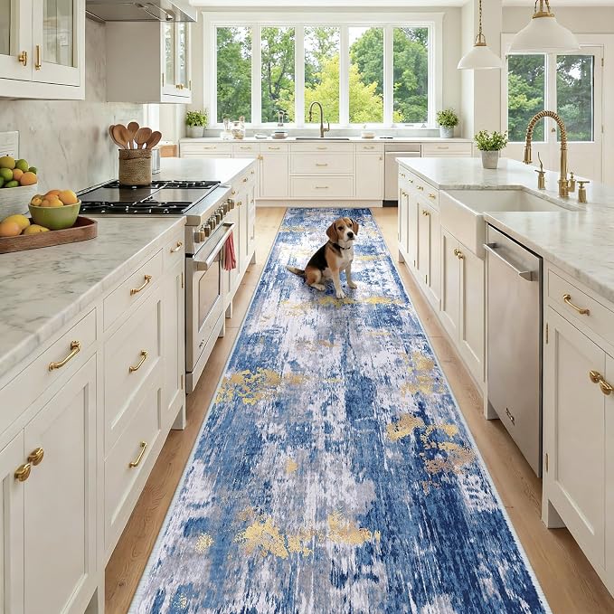 RELEANY Washable Area Rugs 3x12 Non-Slip Modern Abstract Soft for Living Room Entryway Bedroom Kitchen, Print Pattern, Grey Blue Gold/Golden