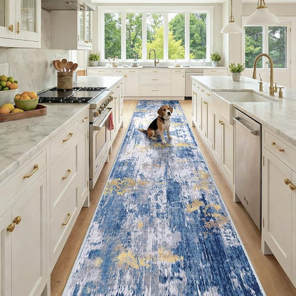 RELEANY Washable Area Rugs 3x12 Non-Slip Modern Abstract Soft for Living Room Entryway Bedroom Kitchen, Print Pattern, Grey Blue Gold/Golden
