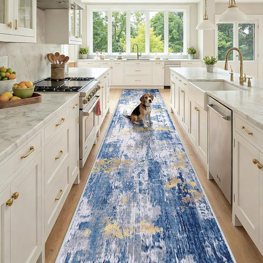 RELEANY Washable Area Rugs 3x12 Non-Slip Modern Abstract Soft for Living Room Entryway Bedroom Kitchen, Print Pattern, Grey Blue Gold/Golden