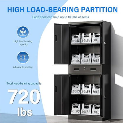 BESFUR Metal Storage Cabinet with 1 Drawer and Adjustable Shelves, 71" H Reinforced Heavy Duty Locking Storage Cabinet for Office, Garage, Home, School, Utility(Black)
