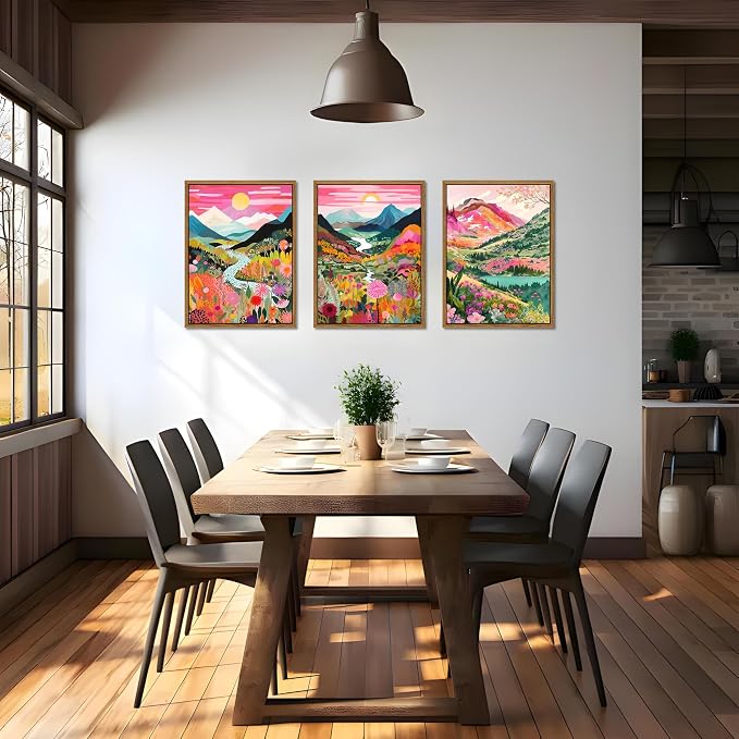 Floating Framed Large Boho Colorful Mountain Wall Art Set of 3, Abstract Watercolor Landscape Flower Wall Decor Paintings, Modern Nature Sunset Forest Posters Prints for Living Room 16x24 Inch