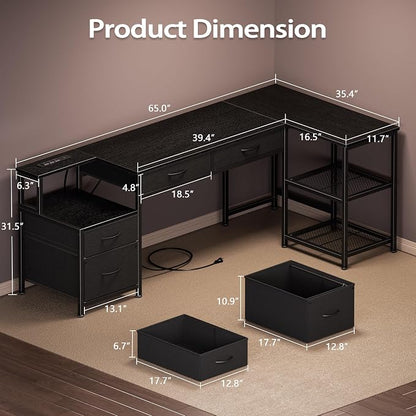 Korfile 65 Inch L Shaped Computer Desk with Power Outlets, Reversible Home Office Desk with 4 Fabric Drawers & 2 Adjustable Mesh Shelves, Corner Study Work Desk with Larger Storage, Black