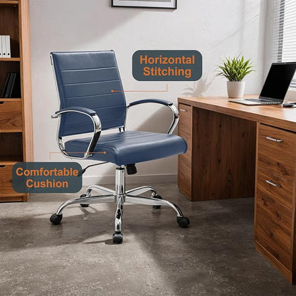 LeisureMod Benmar Leather Office Desk Chair, Mid-Back Ergonomic Swivel Chair with Lumbar Support, Adjustable Height, Tilt Lock, Cushioned Seat & Back, Home Office Task Chair (Navy Blue, Set of 2)