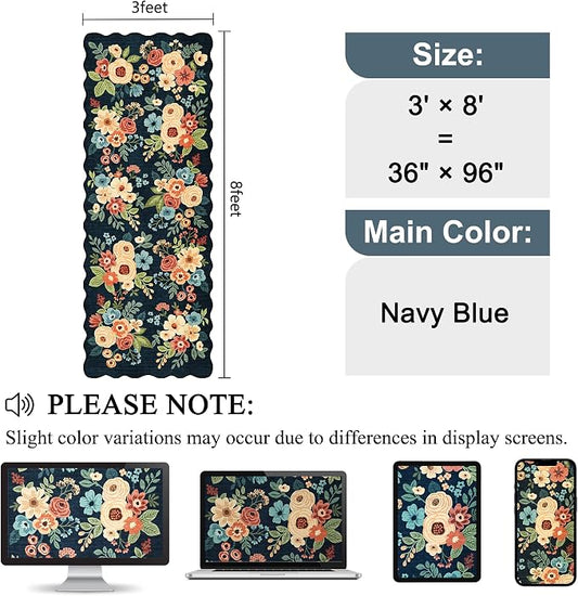 DUKINO 3x8 Washable Runner Rug, Soft Indoor Floral Non Slip Long Runner Rug for Hallways, Lightweight & Low Pile Floor Carpet for Kitchen, Entryway, Hallway, Bathroom, Laundry, Bedroom, Navy Blue