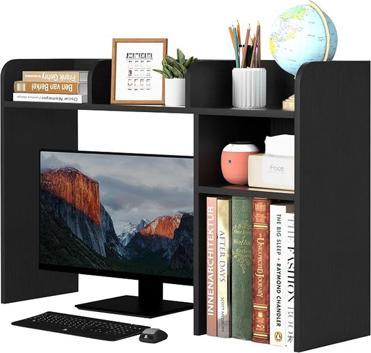 LAND·VOI Desktop Bookshelf, Countertop Storage Hutch with 5 Shelves for Computer Desk, Desk Organizer for Home Office Dorm, Dressing Tabletop, Bar Countertop, Wood Desktop Display Rack, Black EDS01B