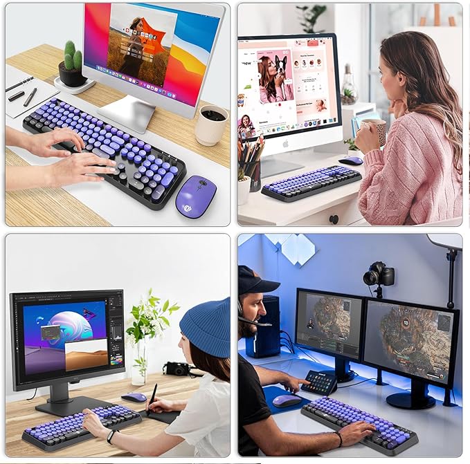Wireless Keyboard and Mouse Combo, 2.4GHz Retro Typewriter Keyboard with Round Keycaps, Full-Size Creamy Silent Office Set for Desktop Laptop PC Computer (102 Keys Purple Black)