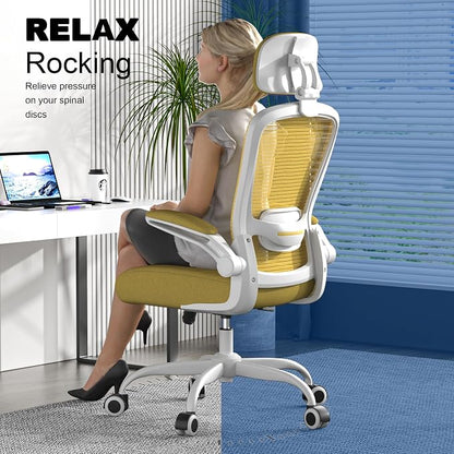 Mimoglad Office Chair, High Back Ergonomic Desk Chair with Adjustable Lumbar Support and Headrest, with flip-up Armrests for Guitar Playing, 5 Years Warranty (Modern, Golden Light)