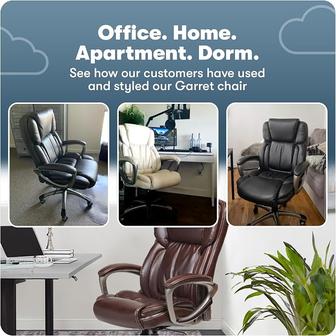Serta Garret Executive Office Chair, Ergonomic Mid-Back with Lumbar Support, Semi-Plush Cushion and Body Pillows, Padded Armrests, Swivel Base, Bonded Leather, Cognac
