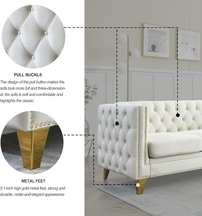 mikibama 80.5" Velvet 3 Seater Sofa Couch for Living Room,Button Tufted 3-Seat Couches with Nailhead Trims,Modern Upholstered Sofas with Golden Metal Legs for Bedrooom,Office