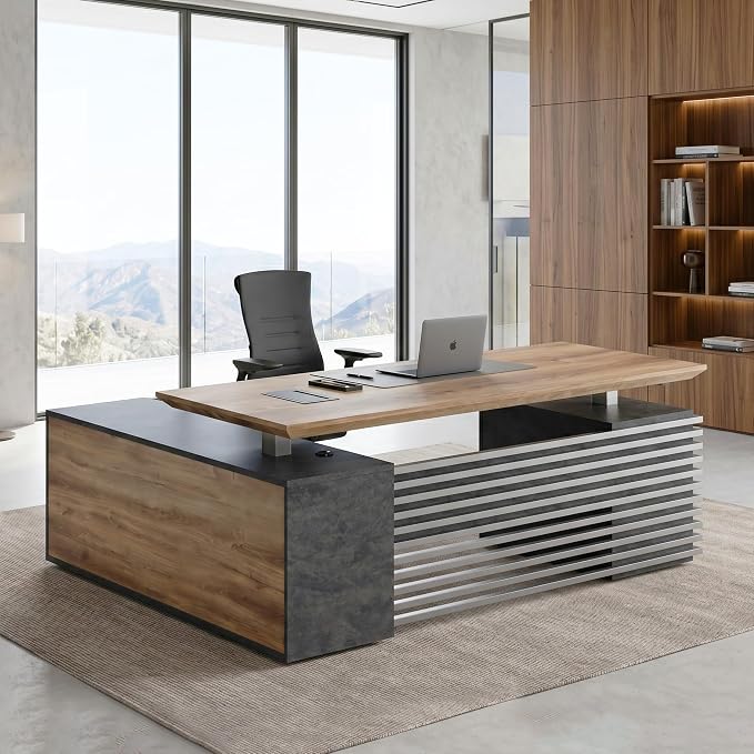 SAINTCY 78.74In L Shaped Executive Standing Desk with Drawers, Large Modern Adjustable Heigh Home Office Desk w/Universal Charging Ports, Business Workstation, Black and Warm Oak