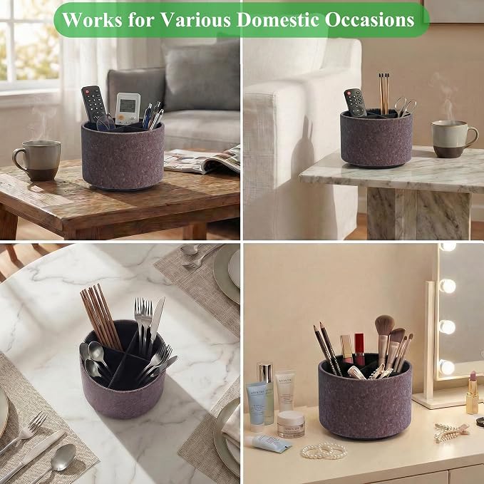Round Leather Art Supply Organizer,Remote Control Holder,360 Degree Spinning,Multi-Functional Pencil Holder,4 Compartments Desktop Stationary Organizer(1-Soft Dark Brown2)